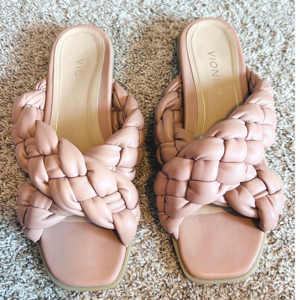 Vionic Kalina Braided Puffy Leather Slide Sandals Pink Blush Size 7